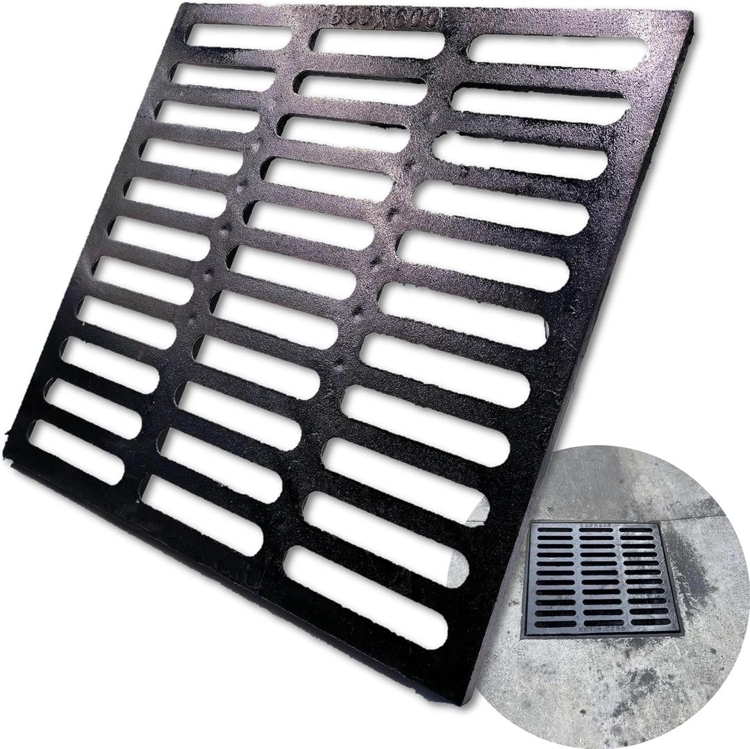 Cast Iron Drain Grate, 24x24 Outdoor Drain Cover, B Class Replacement Sewer Grate, Durable Heavy Duty Channel Grate, Black Square Drainage Grate for Driveway, Concrete, Yard, Garage