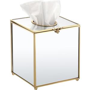 Sumnacon Square Glass Tissue Box Cover with Lid, Mirrored Cube Tissue Box Holder for Bathroom Home Office, Gorgeous Gold Facial Tissue Dispenser for Dresser Vanity Countertop Night Stand