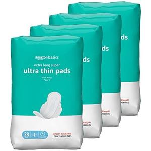 Amazon Basics Ultra Thin Pads with Flexi-Wings for Periods, Extra Long Length, Super Absorbency, Unscented, Size 3, 112 Count (4 Packs of 28) (Previously Solimo)