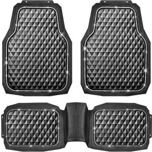 CAR PASS Bling Diamond Black Rubber Car Mats, Heavy Duty Deep Dish All-Weather Floor Mat Anti-Slip 3D Rhombus Waterproof Trim to Fit Liner Universal Glitter Sparkly Shining Rhinestone, 3 Pcs Silver