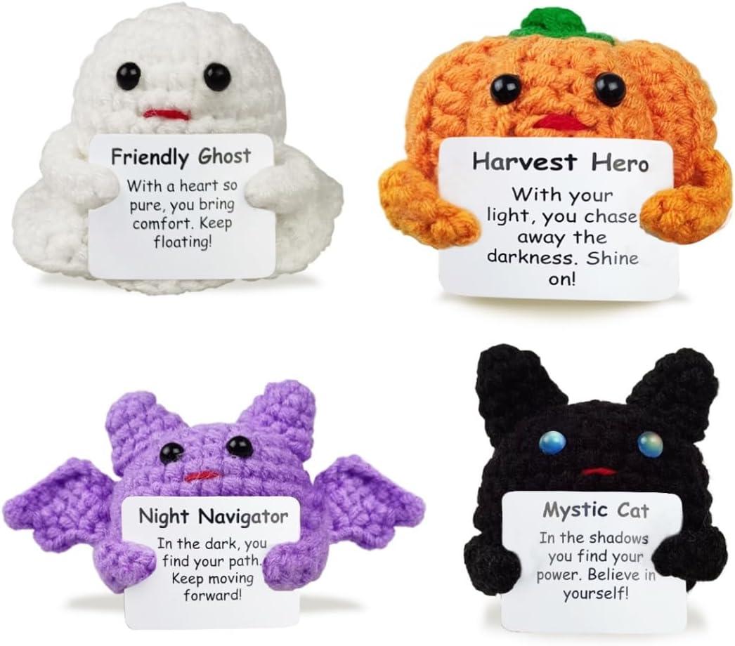 Muyiz 16 Pieces Knitted Wool Halloween Toys with Positive Card Crochet Dolls for Halloween Party Favors Treat Bags Cheer Up Gifts ( 4 packs)