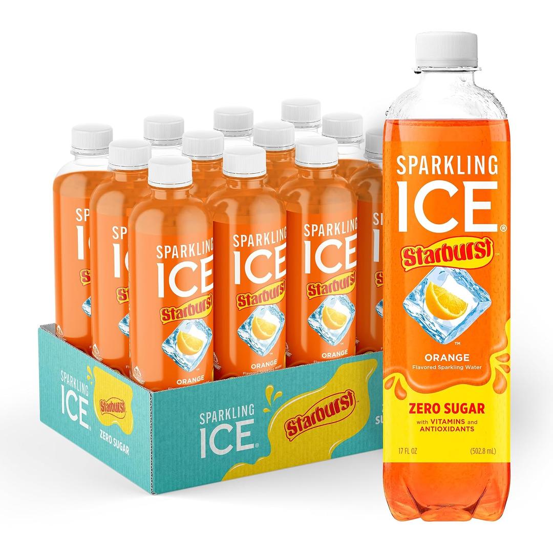 Sparkling Ice STARBURST Orange, Zero Sugar Flavored Sparkling Water, with Vitamins and Antioxidants, Low Calorie Beverage, 17 fl oz Bottles (Pack of 12). (EXP 08/31/26)