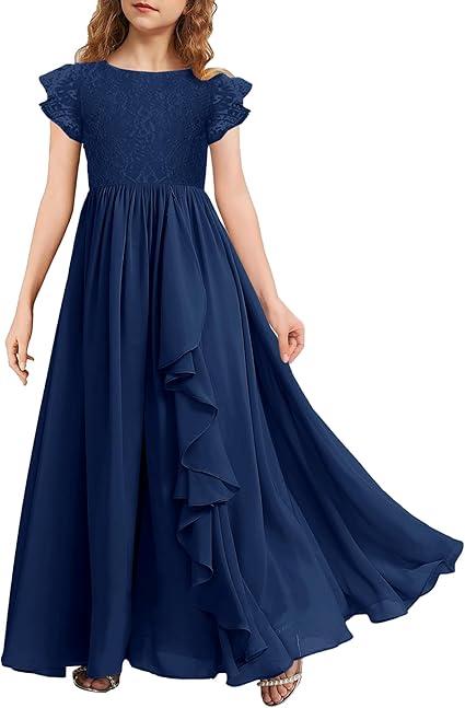 MITILLY Girls Lace Flower Maxi Dress Ruffle Sleeve A-Line Flowy Junior Bridesmaid Chiffon Dresses for Wedding Party 6-7Y