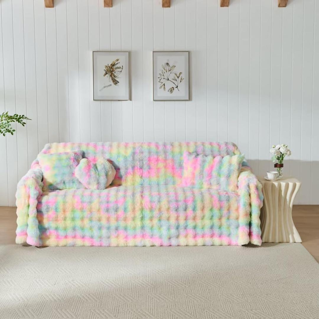 3D Bubble Mat Faux Fur Couch Cover,Thick Faux Rabbit Fur Couch Cover,L Shaped Sofa Slipcovers for Home Decoration and Dogs,Cats(Rainbow, 71" x 118")