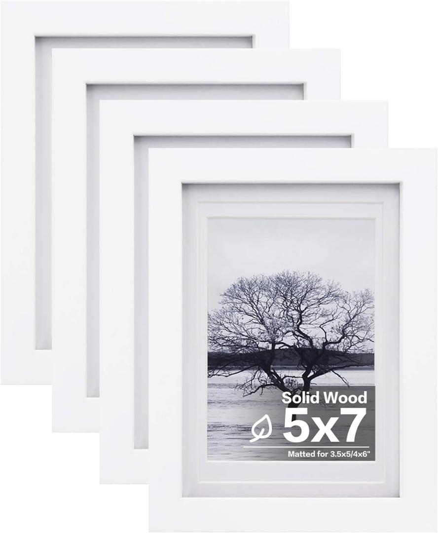 Egofine 5x7 Picture Frames Set of 4, Made of Solid Wood Covered by Plexiglass 3.5x5 and 4x6 with Mat or 5x7 without Mat, for Table Top Display and Wall Mounting Photo Frame White