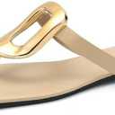 Womens Flat Sandals Leather Comfortable Flip Flops Slide Summer Beach Shoes with Metal Decoration, Size 41