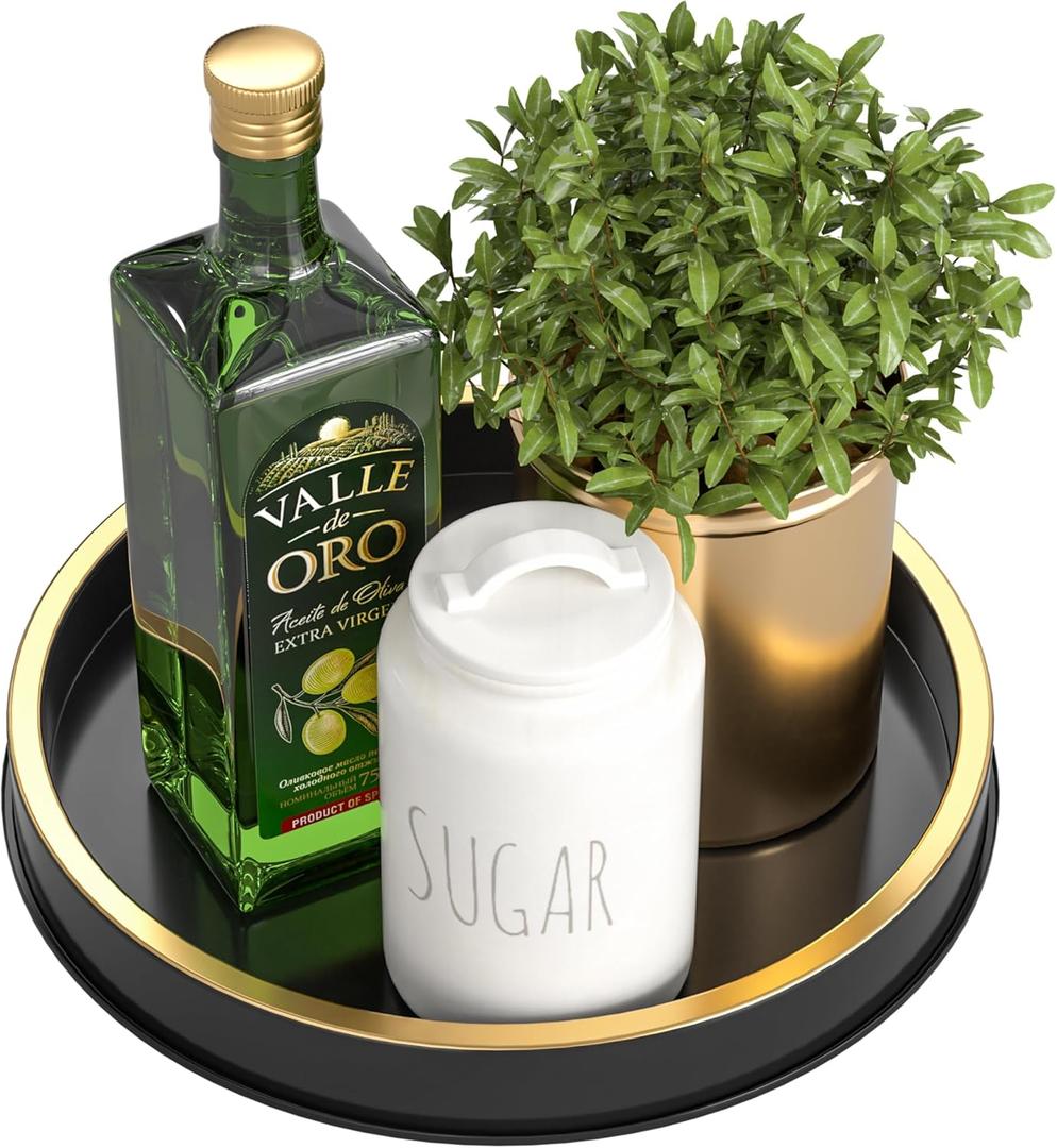 HGF Round Serving Tray, Black Brushed Gold, 9 Inch Metal Trays for Napkin Holder Condiment Spice Organizer, Decorative Tray for Coffee Table Kitchen Decor