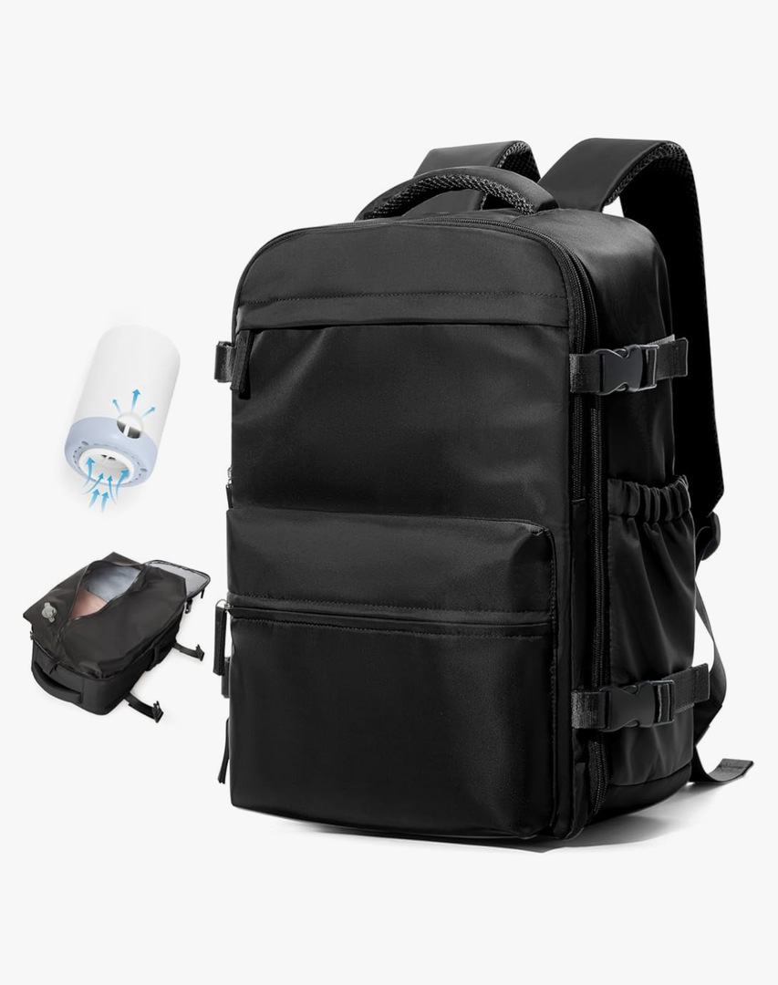 Vacuum Travel Backpack with Pump Women Personal Item Carry on Vacpack Backpacks Flight Approved 18x14x8 inches Men Laptop Waterproof Work Compression bags Casual Daypack Black Vacuum seal backpack