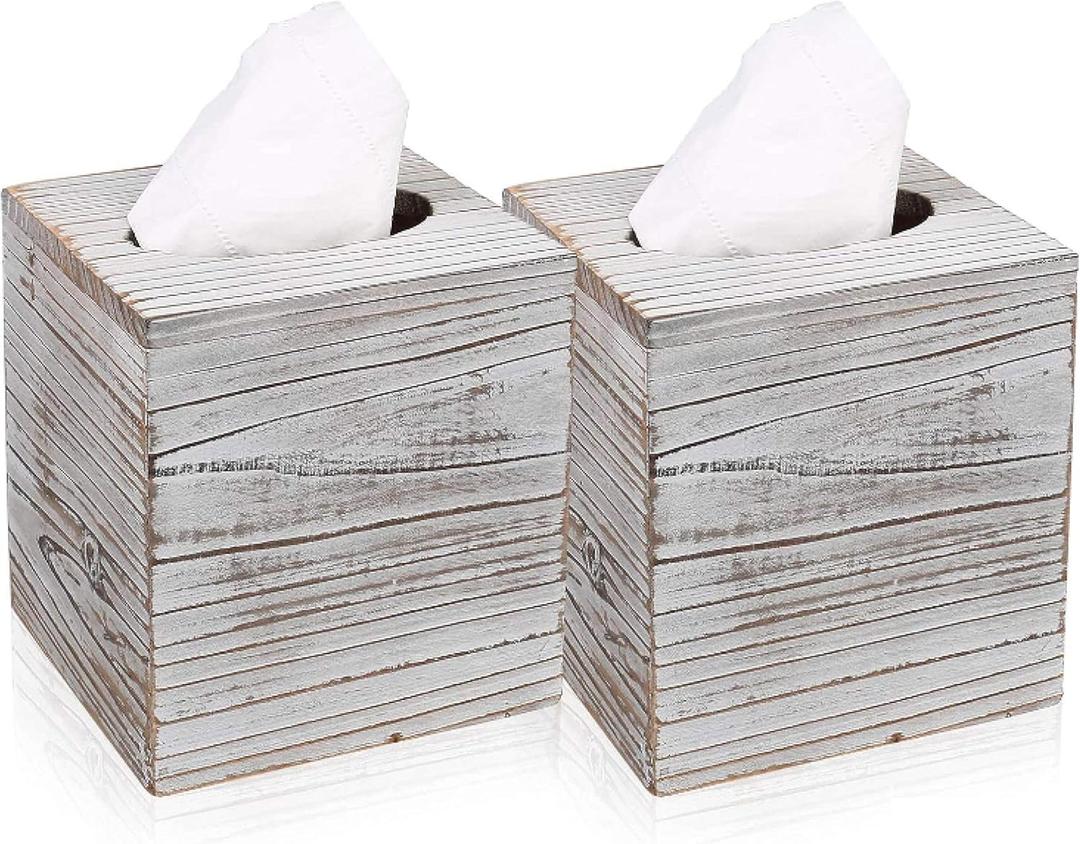 White Barnwood Tissue Box Cover: 2 Pack Tissue Box Holder Includes Slide-Out Bottom Panel, Stylish Tissue Box Cover Square Perfect for Farmhouse Bathroom Decor, 