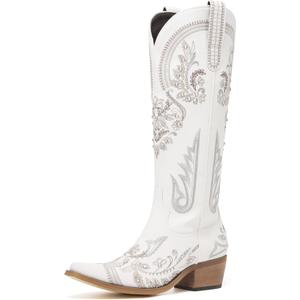 Western Cowboy Boots for Women Embroidered Rhinestones Knee High Cowgirl Boots Pointed Toe Chunky Heel Fashion Retro Classic Tall Boot 6.5