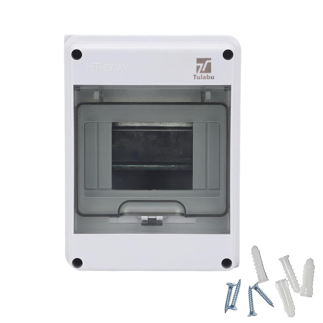 5 Way Circuit Breaker Box IP65 PC/ABS Alloy Plastic Distribution Protection Box Weatherproof Clear Cover Power Distribution Box Enclosure with Bus Bars and DIN Rail Wall-Mounted