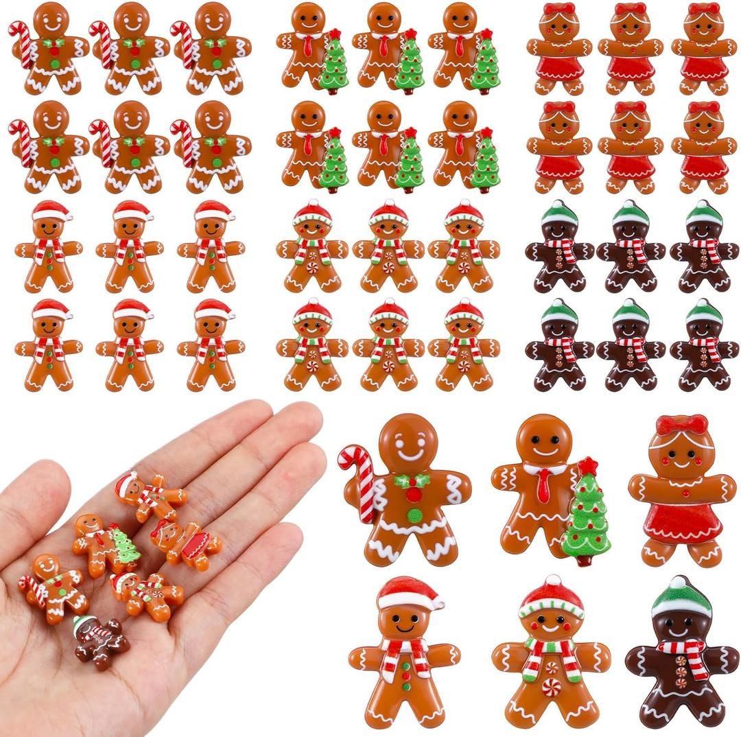 Realspring 60 Pcs Christmas Gingerbread Man Ornament for Crafts Mini Resin Doll Charms Figurines for Xmas DIY Craft Embellishment Hairpin Flatback Embellishment Home Kitchen Party Decor