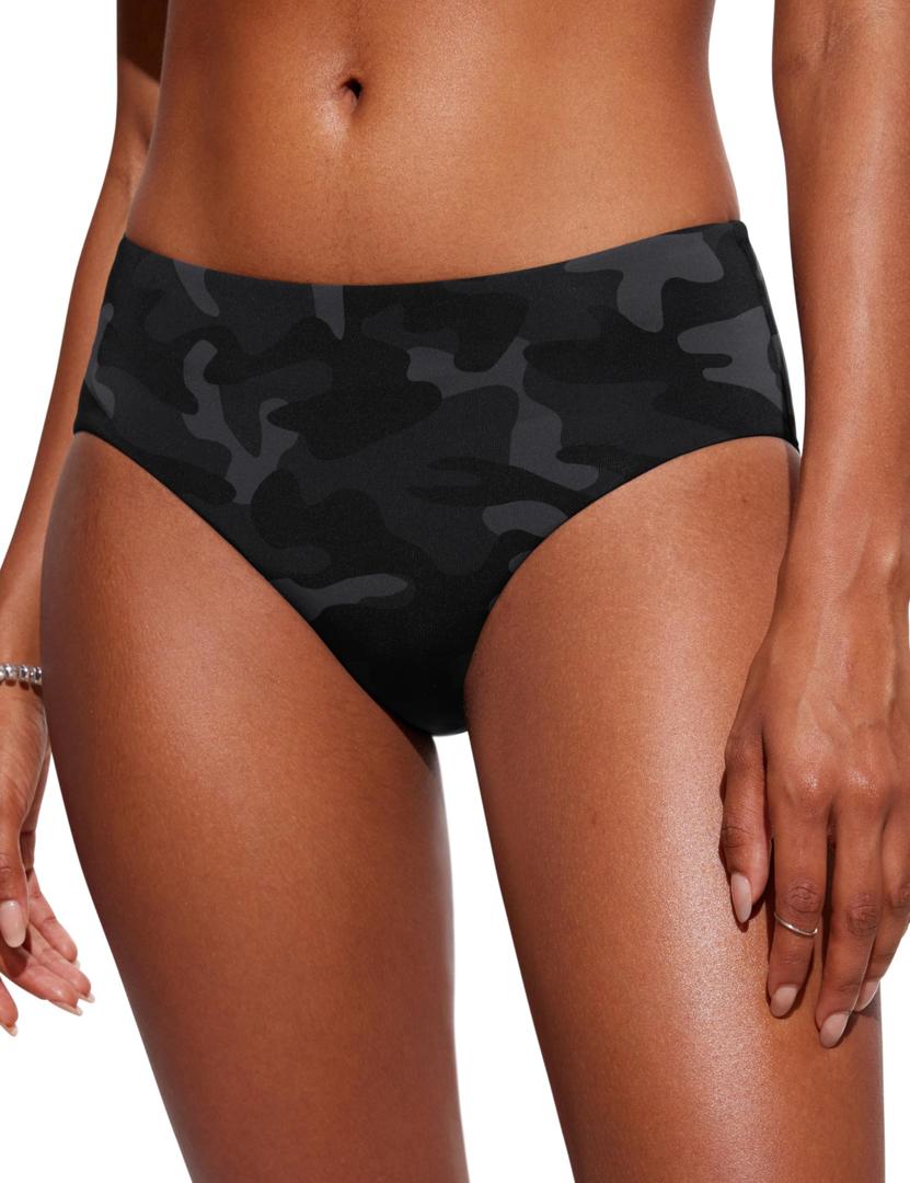 CRZ YOGA Mid Waisted Bikini Bottoms for Women - Full Coverage Bathing Suit Swimsuit Basic Swim Briefs Jungle Camouflage Gray Small
