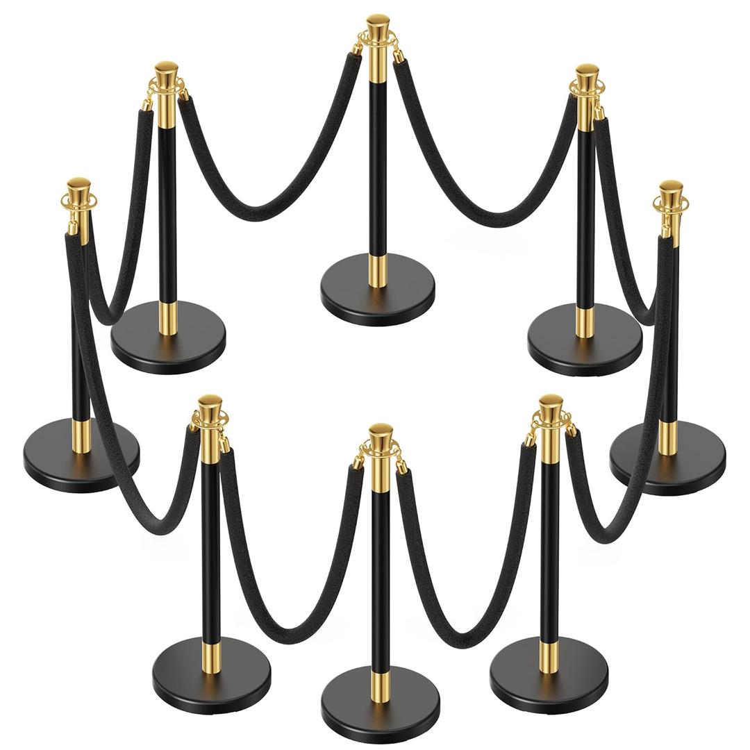 8pcs Sturdy Stanchion Posts, 8pcs High Quality Black Velvet Ropes, Water/Sand/Concrete Fillable Leakproof Base, Crowd Control Barriers for Birthday, Prom, Business, Wedding, Red Carpet
