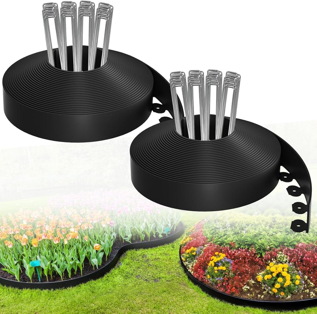 Bonviee 1.5 x 100 Landscape Edging Kit, Garden Edging Coil with 150 Pcs Spikes, No Dig Lawn Border Design