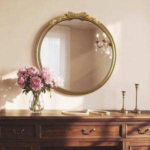 Round Gold Mirror - Modern Wall Mounted Mirror with a Bow Design: 28"x28" Large Matt Gold Antique Wall Decor - Elegant Clean Ornate for Entryway/Fireplace/Bathroom/Hallway