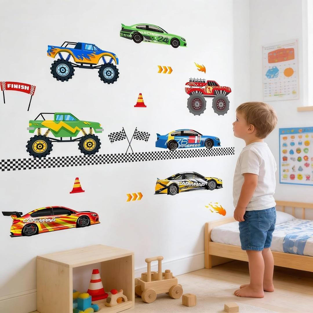 Car Wall Decals for Boys Kids: Racing Cars Theme Peel and Stick Removable Vinyl Wall Stickers for Boys Room Kids Bedroom Walls Decor Ages 1-12 Years