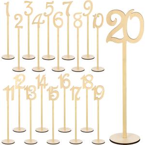 20 Pcs Wood Table Numbers for Wedding Reception Stands Seat Numbers with Holder Base Table Numbers for Wedding Party Event Catering, 1-20 (Wood Color)