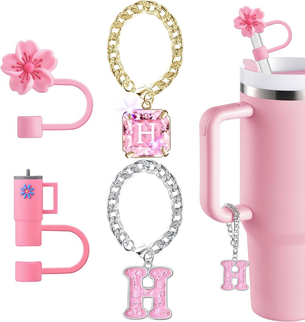 4 x Straw Cover for Stanley Cup Accessories - Unique Crystal Letter Charms for Stanley Cups, Cute Cup & Flower Silicone Straws Topper Covers for 30 & 40 0z Tumbler with Handle, 10mm 0.4in Straw Cap