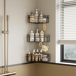 Black corner shower caddies with depth caddy and Built in 12 hooks rustproof wall mounted No drilling No marring adhesive bathtub corner storage for bathroom kitchen and laudry room