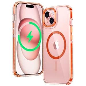 FNTCASE for iPhone 15 Magnet Case: for iPhone 14 Case | Magnetic Shockproof Clear Protective Cell Phone Cover | Rugged Drop Protector with Built-in Anti-Collision Tape & Metal Button Design (Orange)