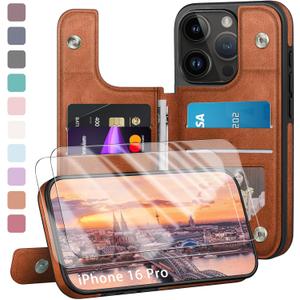 Compatible with iPhone 16 Pro Case Wallet, Card Holder Case with [2 Screen Protectors] Cover with [RFID Blocking Leather] Shockproof Women Men Cases 6.3" for Apple 16 Pro Light Brown