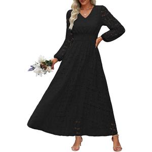 Women's Long Puff Sleeve Floral Maxi Dress V Neck Lace Eyelet Hollow Out A Line Flowy Boho Spring Wedding Guest Party Dresses, Black Medium