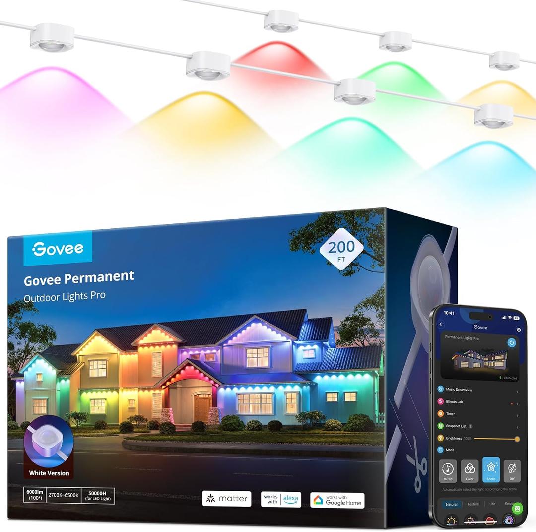 Govee Permanent Outdoor Lights Pro, 200ft with 120 RGBIC LED Lights for Daily and Accent Lighting, 75 Scene Modes for Outdoor Decor, IP67 Waterproof, Works with Alexa, Google Assistant, Matter, White