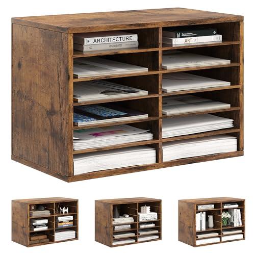Alpeir Mail Organizer Countertop, 12 Slots Wooden Desk File Literature Sorter, Adjustable Paper Storage Shelves Document Holder, Space Saving Desktop Mailbox for Office Classroom, Rustic Brown