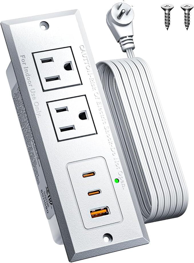 Recessed Power Strip with 20W USB C Port, Fast Charging USB A Port Conference Recessed Outlet, Space-Saver for Furniture Side Table, End Table, Desk Outlet with 6ft Cord, 45° Thin Flat Plug, White