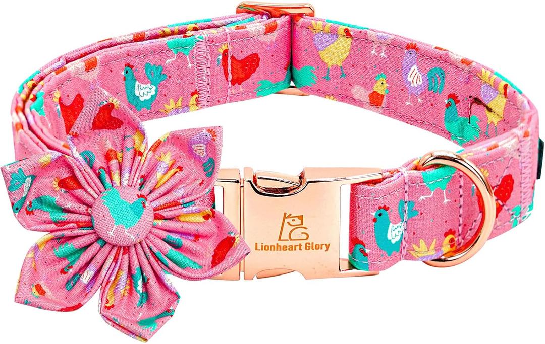Lionheart glory Easter Day Dog Collar with Flower Dog Collar for Large Dogs, Easter Chickens Colorful Dog Flower Collars Spring Pink Collars Pet Collar Flowers
