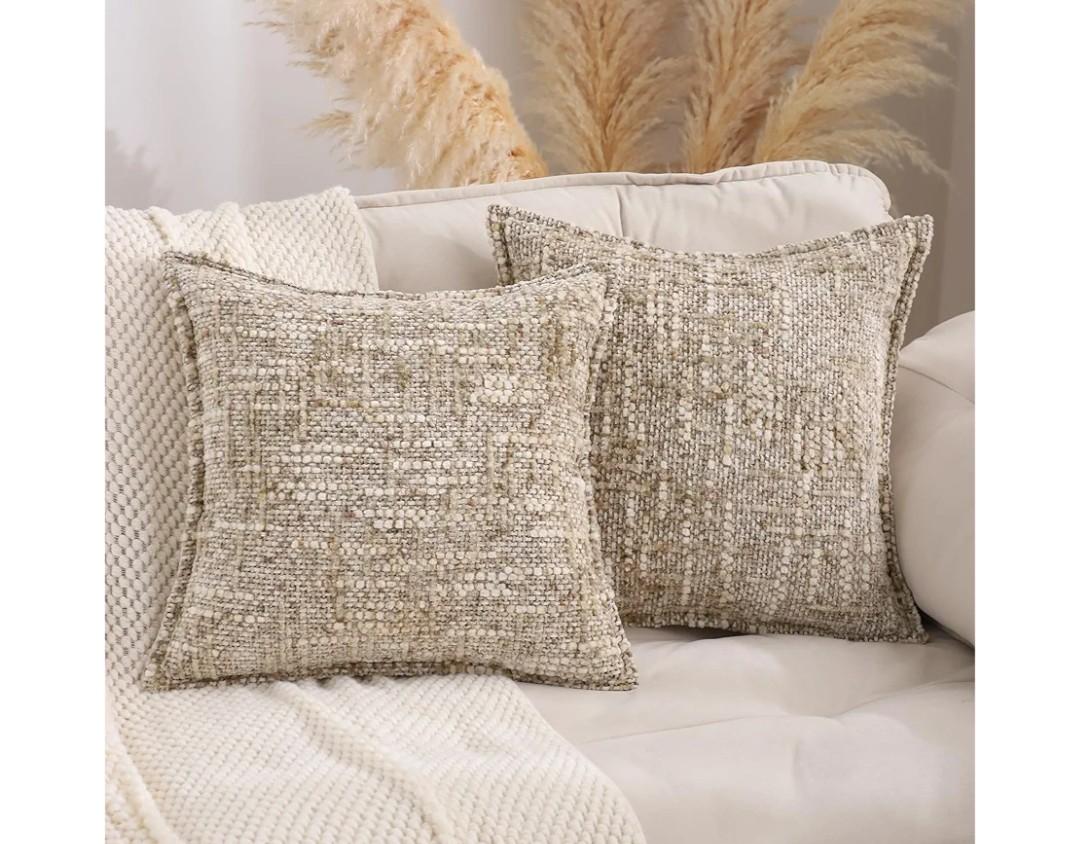 LUOYEHK Boho Throw Pillow Covers 23×23 Set of 2 Farmhouse Pillow Covers Broadside Decorative Chenille Textured Neutral Throw Pillows for Couch Sofa Bed Living Room,Khaki