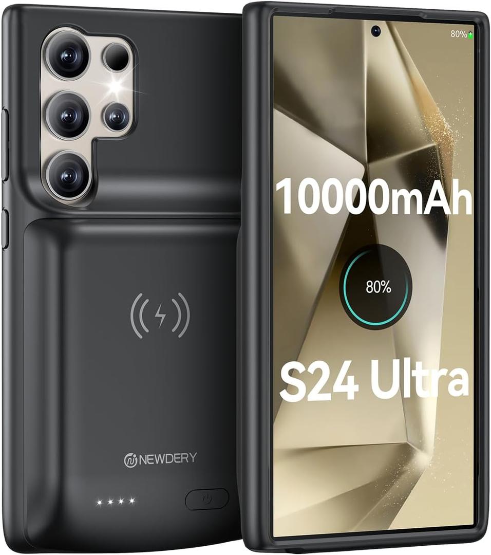 NEWDERY Battery Case for Samsung S24 Ultra,10000mAh Qi Wireless Charging, 18W Input Fast Charging, Sync Data Supported, Portable Rechargeable Charger Case Battery Pack for Galaxy S24 Ultra 5G 6.8