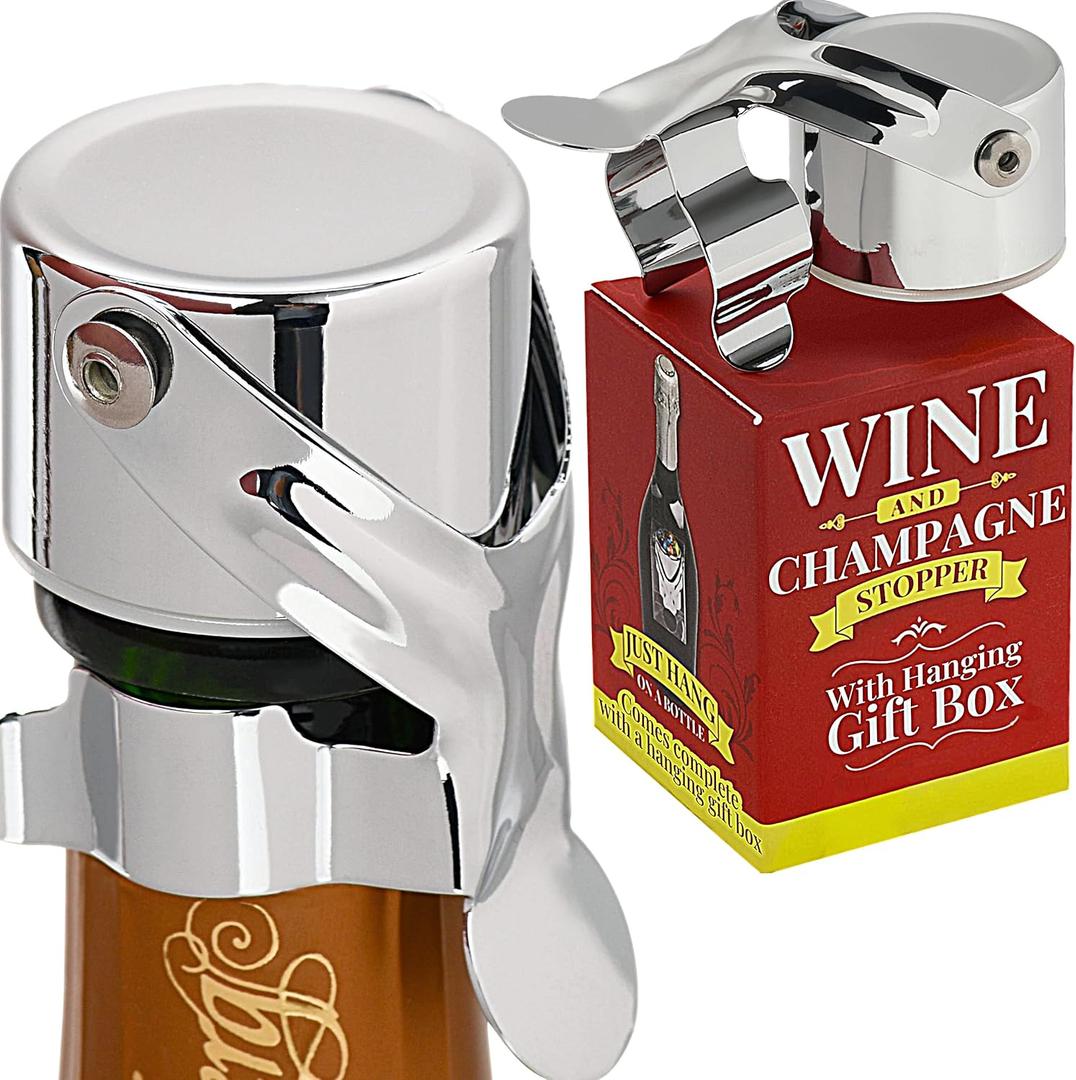 Stopper & Champagne Stopper All In One - Patented Seal, Preserves Bubbles & Taste for Prosecco, Cava, and 1 Pro Grade Evan James Bottle Stopper With Hanging Gift Box (Chrome)