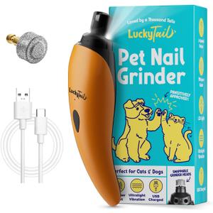 LUCKY TAIL Pet Nail Grinder for Dogs and Cats - Super Quiet and Low Vibration Electric Dog Nail Grinder with 2 LED Lights - USB Rechargeable and Cordless - 2 Speeds - Small to Large Pets - Orange