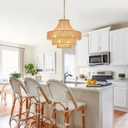 Wood Beaded Rattan Chandelier Boho Hand Woven Pendant Light 6-Lights Adjustable Coastal Pendant Lighting Fixtures for Dining Living Room Kitchen Hallway, Dia 20, UL Listed