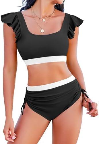 Jolefille High Waisted Bikini Sets for Women Tummy Control Swimsuit 2 Piece Color Block Ruffle Bathing Suits Teens,S