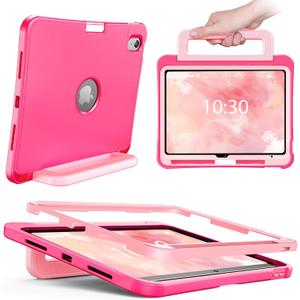 INFILAND Kids Case for iPad A16 11 Inch 2025 (11th Gen), iPad 10th Generation (10.9 Inch 2022), Durable Silicone Shockproof Stand Protective Cover with Pencil Holder/Handle (Magenta-Pink)