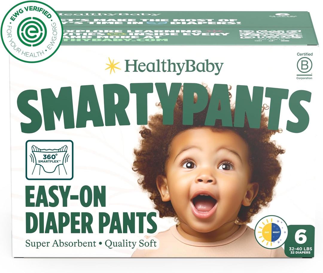 SmartyPants Pull Up Style Diapers | EWG Verified Safe & Plant-Based | Quilted 360 Waistband, Super Absorbent for Overnight Leak Protection | Training Pants by HealthyBaby | Size 6 (32 Count)