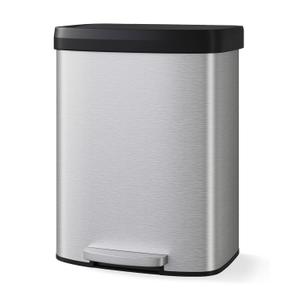 Garvee 16 gal / 60 L Stainless Steel Can with Lid, Large Garbage Can for Kitchen, Rustproof Step-on Kitchen Metal Bin with Liner Rim, Rear Handle, Soft Close Plastic Lid, Silver (15.8 Gallons)