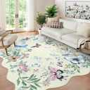 Washable Butterfly 8x10 Area Rugs for Living Room, Soft Non-Slip Beige Large Bedroom Carpet Ultra Thin Floral Dining Room Rug, Boho Scalloped Floor Carpets for Kids Room Classroom Dorm
