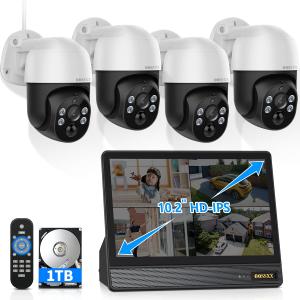 OOSSXX (2026 New) 4K PoE PTZ Security Camera System with 10'' Monitor, 8CH NVR, 4 Wired Outdoor Cameras, Pan Tilt Auto Tracking, AI Human Detection, Free App, No Monthly Fee, IP65