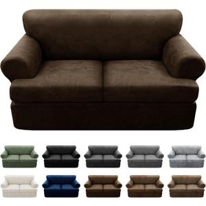 3-Pieces T Cushion Loveseat Slipcovers Leather Look Couch Cover Loveseat Covers for 2 Cushion Couch Furniture Protector Stretch Sofa Cover with 2 Individual T Cushion Seat Covers, Coffee