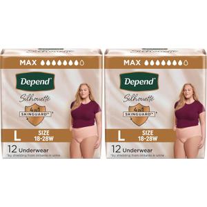 Depend Silhouette Adult Incontinence & Postpartum Underwear for Women, Maximum Absorbency, Large, Pink, 12 Count (Packaging May Vary) (Pack of 2)