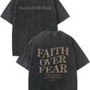 Christian Faith Over Fear Shirt for Men Jesus Religious Shirts Oversized Graphic Tees Acid Wash God T-Shirt (Medium, Black)