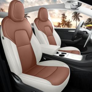 for Tesla Model Y Seat Covers 2020-2024 Nappa Leather Car Interior Seat Compatible with Airbag Cushion Cover 5 Seats (TY-Brown & Beige)