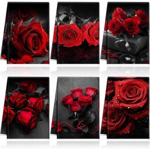 Breling Set of 6 Red Rose Kitchen Towels Vintage Themed Dish Towel Bathroom Decorative Rustic Cloths Tea Towels for Kitchen Bathroom Home Cooking Housewarming Gifts, 14 x 21 Inch