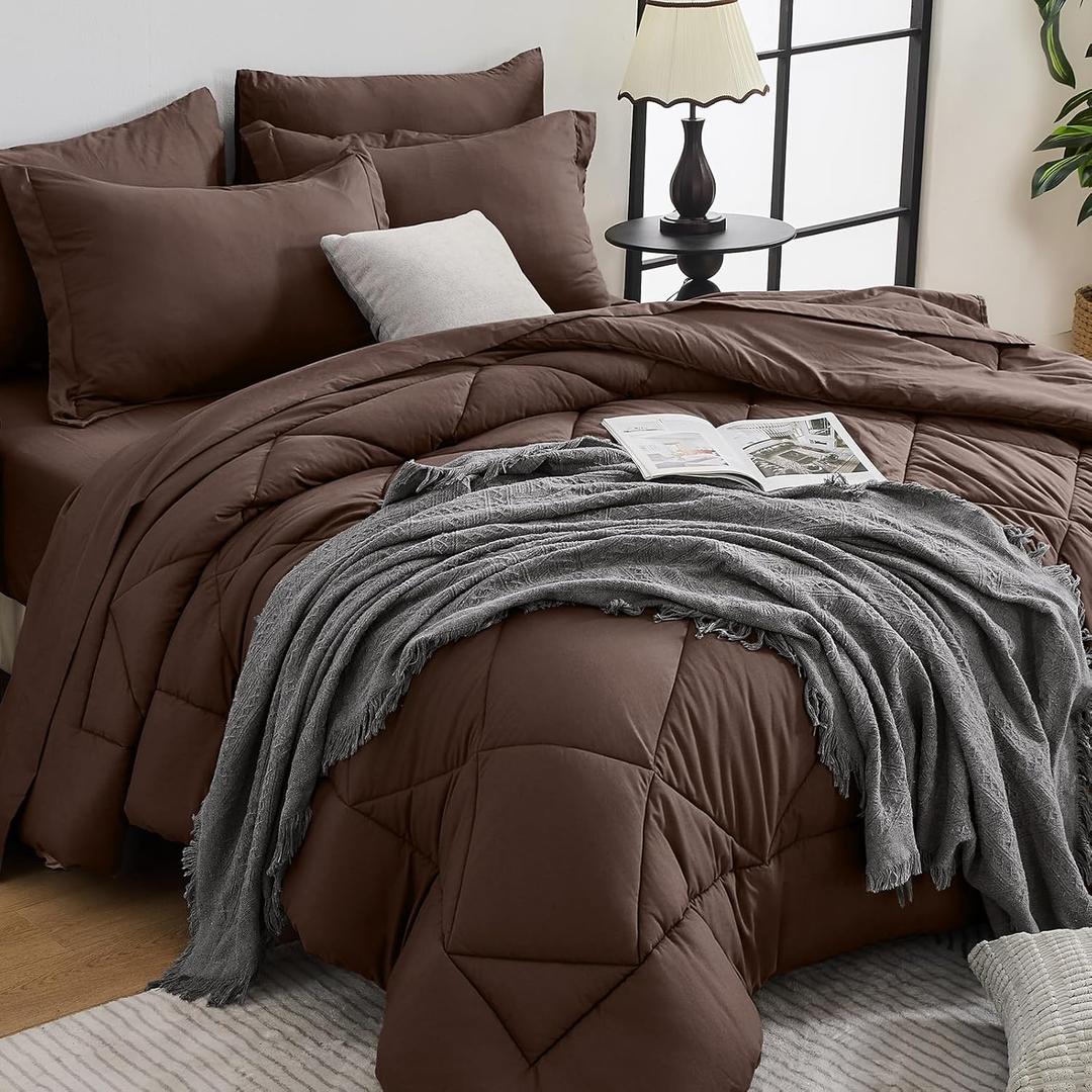 HEVUMYI Brown Queen Comforter Set - 7-Piece All Season Bed in a Bag Queen, Ultra Soft Bedding Set with Comforter, Flat Sheet, Fitted Sheet, Pillowcases, Pillow Shams