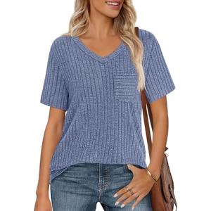 MEROKEETY Women's Short Sleeve V Neck T Shirts 2025 Summer Casual Business Loose Tunic Trendy Tops, Blue, Large