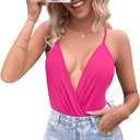 SweatyRocks Women's Deep V Neck Backless Cami Top Ruched Wrap Bodysuit Jumpsuit (X-Large, Hot Pink)